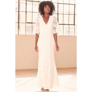 NEW Lulu's Wedding Belle White Lace Half Sleeve Mermaid Maxi Dress Small
